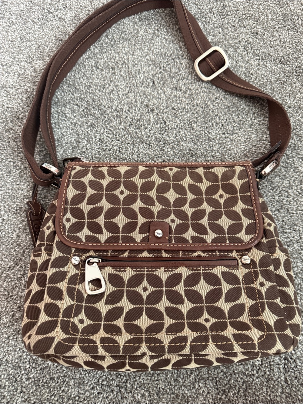Fossil Brown and Cream Geometric Canvas Crossbody Bag